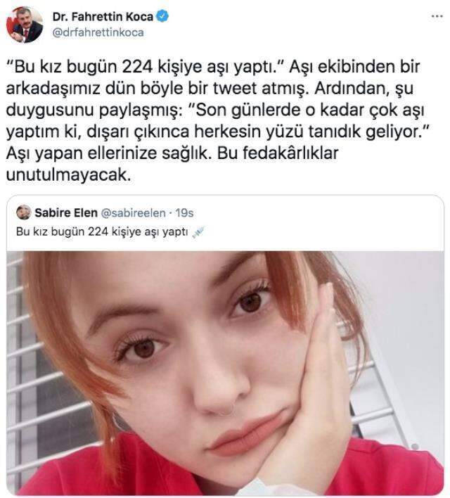 Bakan Koca'nın paylaştığı 1 günde 224 kişiye aşı yapan Sabire hemşire konuştu Bakan Koca'nın paylaştığı 1 günde 224 kişiye aşı yapan Sabire hemşire konuştu