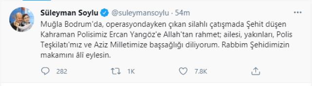 İçişleri Bakanı Soylu'dan şehit polis Ercan Yangöz için başsağlığı mesajı