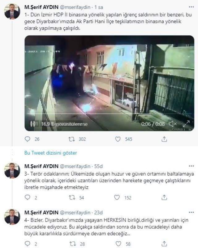 AK Parti Hani İlçe Başkanlığı'na yapılan molotof kokteylli saldırıya tepki yağıyor