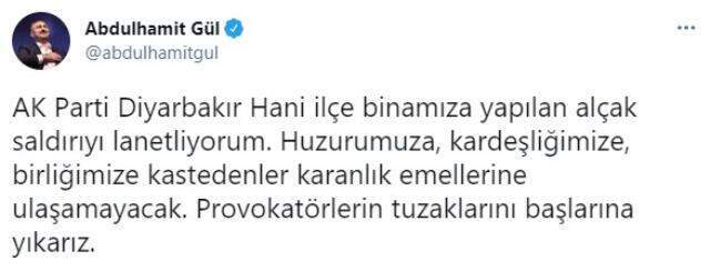 AK Parti Hani İlçe Başkanlığı'na yapılan molotof kokteylli saldırıya tepki yağıyor