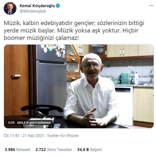 Kılıçdaroğlu'nun müzik kısıtlamasına tepki paylaşımında kullandığı 'boomer' ifadesi dikkat çekti
