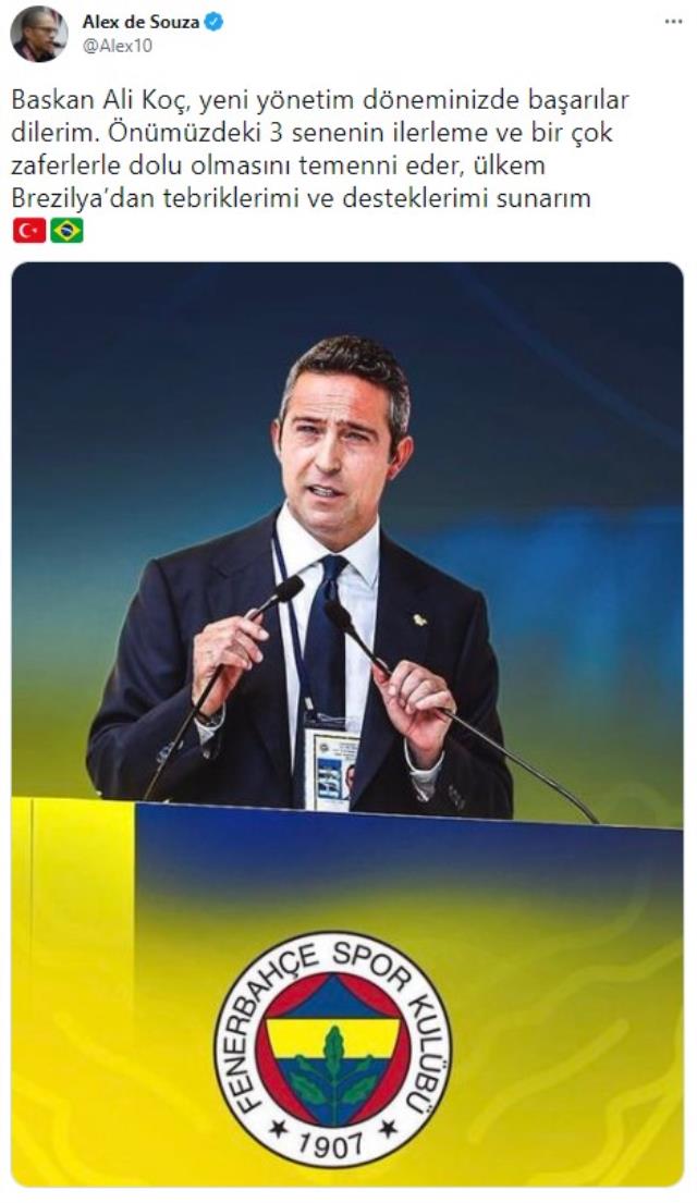 Alex de Souza, Fenerbahçe'de yeniden başkan seçilen Ali Koç'a başarılar diledi