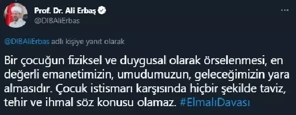 Erbaş: Çocuk istismarı karşısında taviz, tehir ve ihmal söz konusu olamaz