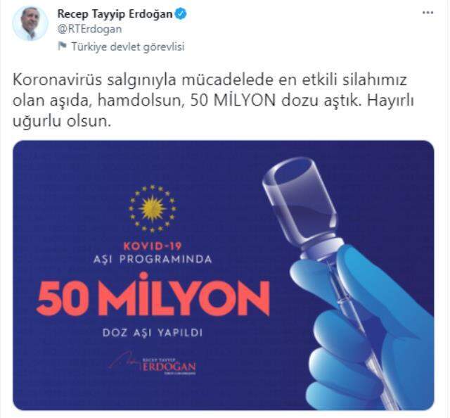 Son Dakika! Cumhurbaşkanı Erdoğan: Korona salgınıyla mücadelede en etkili silahımız olan aşıda, hamdolsun 50 milyon dozu aştık