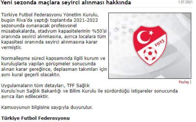 Taraftarlara müjde! Bu sezon maçlara yüzde 50 oranında seyirci alınacak Taraftarlara müjde! Bu sezon maçlara yüzde 50 oranında seyirci alınacak