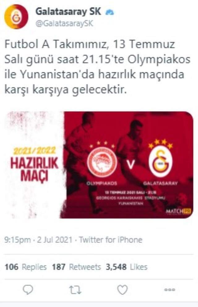 G.Saray, yeni sezon çalışmaları kapsamında Kasımpaşa ve Olympiakos ile hazırlık maçı yapacak