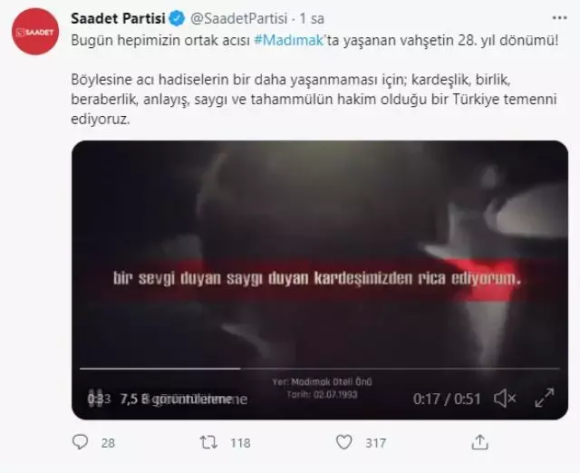 Saadet Partisi, Madımak için video paylaştı: Temel Karamollaoğlu'nun saldırganlara seslendiği anlar yer aldı