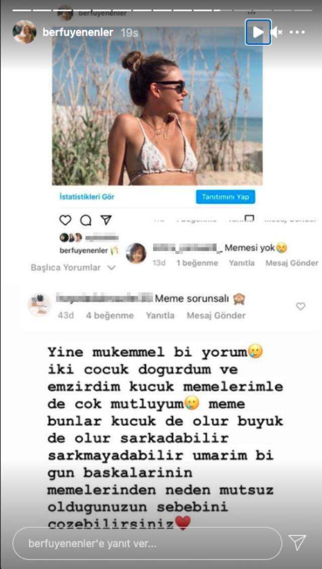 Berfu Yenenler, göğüslerini küçük bulan takipçilerine tepki gösterdi: Küçük memelerimle çok mutluyum