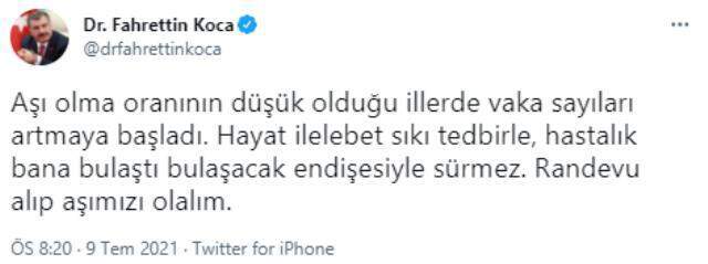 Bakan Koca: Aşı olma oranının düşük olduğu illerde vaka sayıları artmaya başladı Bakan Koca: Aşı olma oranının düşük olduğu illerde vaka sayıları artmaya başladı