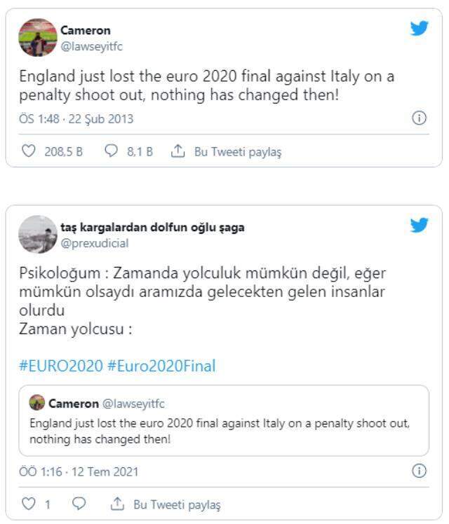 8 yıl önce atılan tweet gündem oldu! EURO 2020 finalinde İtalya'nın İngiltere'yi penaltılarla eleyeceğini bilmiş 8 yıl önce atılan tweet gündem oldu! EURO 2020 finalinde İtalya'nın İngiltere'yi penaltılarla eleyeceğini bilmiş