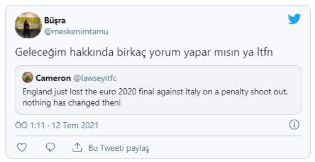 8 yıl önce atılan tweet gündem oldu! EURO 2020 finalinde İtalya'nın İngiltere'yi penaltılarla eleyeceğini bilmiş 8 yıl önce atılan tweet gündem oldu! EURO 2020 finalinde İtalya'nın İngiltere'yi penaltılarla eleyeceğini bilmiş