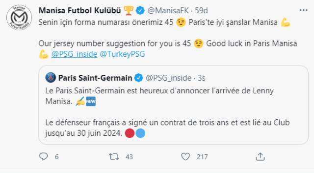 Fransız devi PSG'nin 17 yaşındaki Manisa'yı transfer etmesi, Manisa Futbol Kulübü'nü de heyecanlandırdı Fransız devi PSG'nin 17 yaşındaki Manisa'yı transfer etmesi, Manisa Futbol Kulübü'nü de heyecanlandırdı