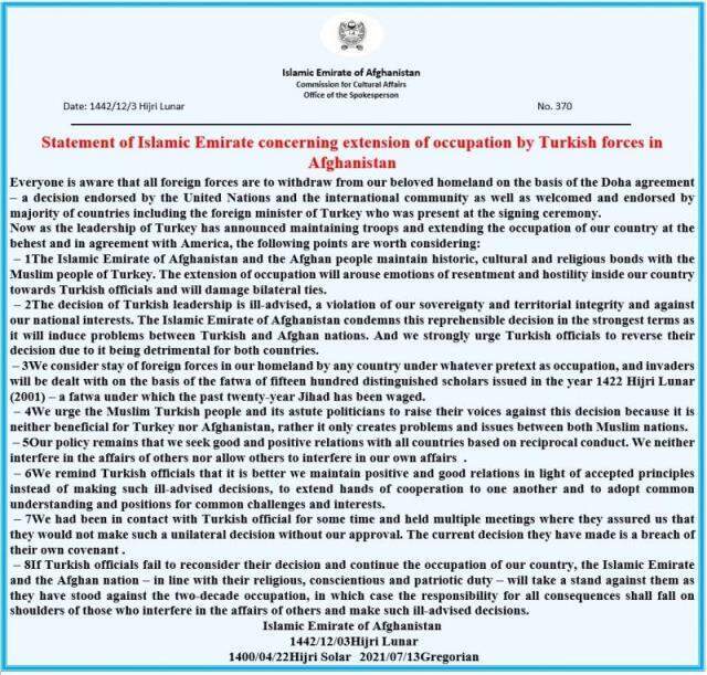 Taliban'dan Türkiye'ye 8 maddelik tehdit: Hangi ülke olursa olsun, Afganistan'da kalan tüm taraflara karşılık vereceğiz Taliban'dan Türkiye'ye 8 maddelik tehdit: Hangi ülke olursa olsun, Afganistan'da kalan tüm taraflara karşılık vereceğiz