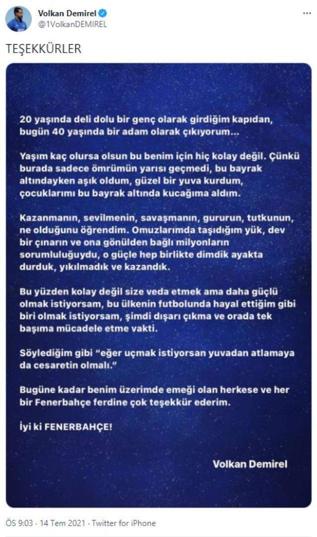 Volkan Demirel'den Fenerbahçe taraftarına veda: Eğer uçmak istiyorsan yuvadan atlamaya da cesaretin olmalı