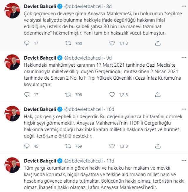 Son Dakika! MHP lideri Bahçeli'den AYM'nin HDP'li Gergerlioğlu kararına sert tepki: Hak ihlali kararı terörizme destektir Son Dakika! MHP lideri Bahçeli'den AYM'nin HDP'li Gergerlioğlu kararına sert tepki: Hak ihlali kararı terörizme destektir