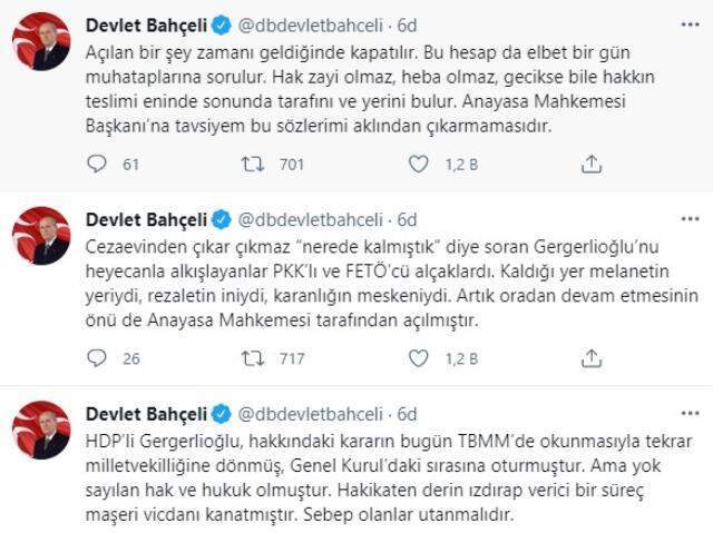 Son Dakika! MHP lideri Bahçeli'den AYM'nin HDP'li Gergerlioğlu kararına sert tepki: Hak ihlali kararı terörizme destektir Son Dakika! MHP lideri Bahçeli'den AYM'nin HDP'li Gergerlioğlu kararına sert tepki: Hak ihlali kararı terörizme destektir