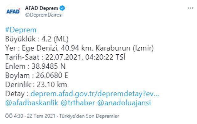 İzmir'in Karaburun ilçesinde yarım saat arayla 2 deprem meydana geldi İzmir'in Karaburun ilçesinde yarım saat arayla 2 deprem meydana geldi