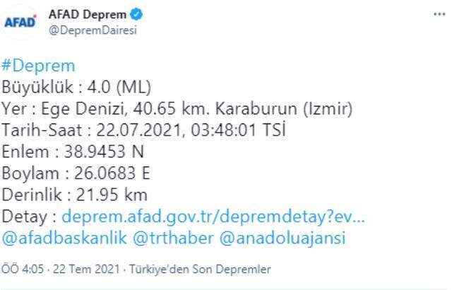 İzmir'in Karaburun ilçesinde yarım saat arayla 2 deprem meydana geldi İzmir'in Karaburun ilçesinde yarım saat arayla 2 deprem meydana geldi