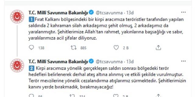 Fırat Kalkanı Bölgesi'nde Türk birliğine terör saldırısı: 2 şehit, 2 yaralı