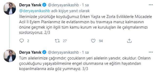 Aile ve Sosyal Hizmetler Bakanı Yanık'tan erken yaşta ve zorla evliliklerle ilişkin paylaşım Aile ve Sosyal Hizmetler Bakanı Yanık'tan erken yaşta ve zorla evliliklerle ilişkin paylaşım