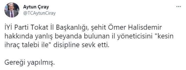 Ömer Halisdemir için çirkin ifadeler kullanan İYİ Partili Sarıtaşlı, kesin ihraç talebiyle disipline sevk edildi