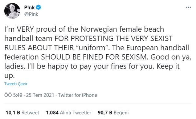 Bikini giymeyi reddeden Norveçli kadın hentbolculara, ABD'li ünlü şarkıcı Pink'ten destek geldi