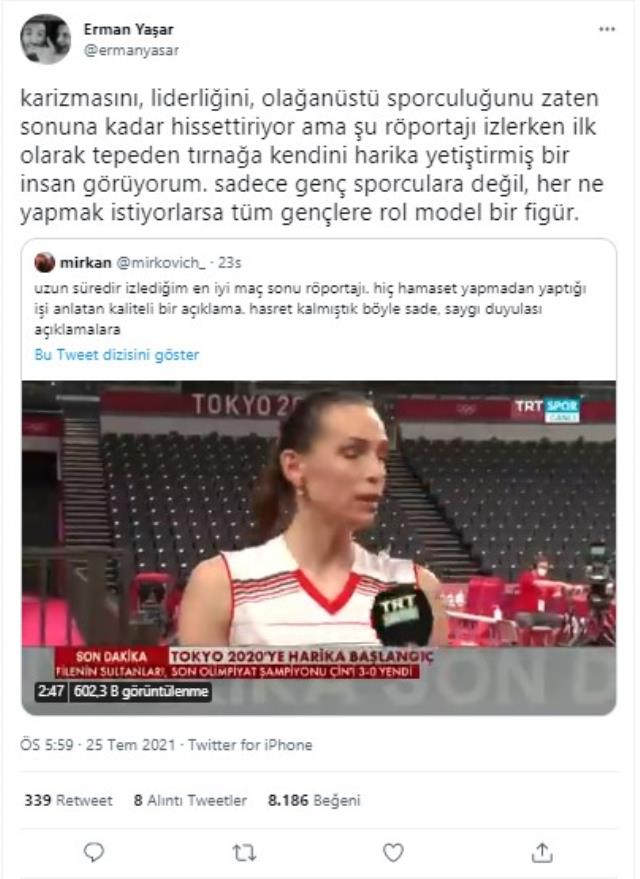 Kadın Voleybol Takımı'nın kaptanı Eda Erdem, Çin maçında yaptığı açıklamalarla tüm Türkiye'nin sevgilisi oldu
