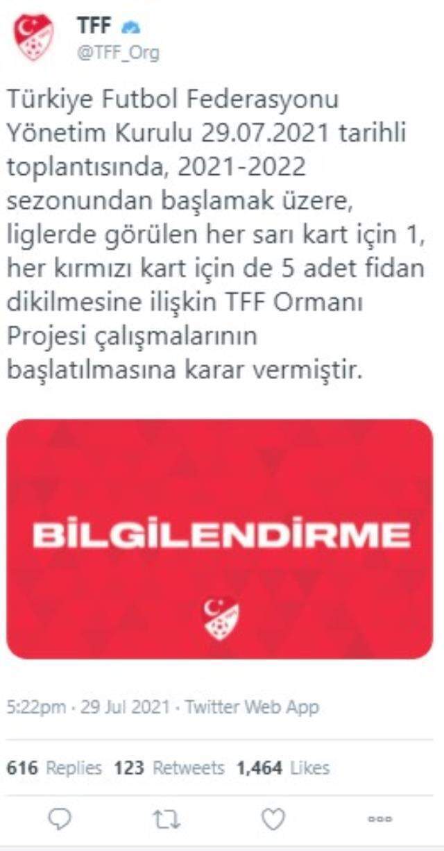 TFF'nin başlattığı orman projesinde her sarı kart için 1, kırmızı kart için de 5 adet fidan dikilecek TFF'nin başlattığı orman projesinde her sarı kart için 1, kırmızı kart için de 5 adet fidan dikilecek