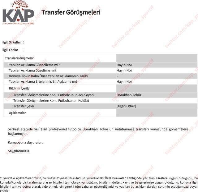 Trabzonspor, Dorukhan Toköz transferini KAP'a bildirdi