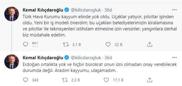 Kılıçdaroğlu'ndan yangınla mücadele için yeni model önerisi: THK uçaklarını biz kiralayalım, pilotları istihdam edelim Kılıçdaroğlu'ndan yangınla mücadele için yeni model önerisi: THK uçaklarını biz kiralayalım, pilotları istihdam edelim