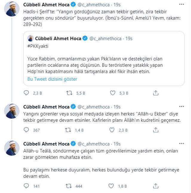 Türkiye yangınlarla boğuşurken Cübbeli Ahmet Hoca'dan dikkat çeken bir çıkış geldi: Tekbirler yangını söndürür Türkiye yangınlarla boğuşurken Cübbeli Ahmet Hoca'dan dikkat çeken bir çıkış geldi: Tekbirler yangını söndürür