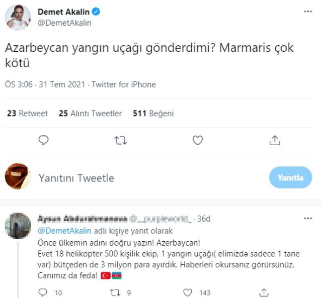 'Azerbeycan yangın uçağı gönderdi mi?' diyen Demet Akalın'a Azeri takipçisinden sert cevap: Önce ülkenin adını doğru yazın