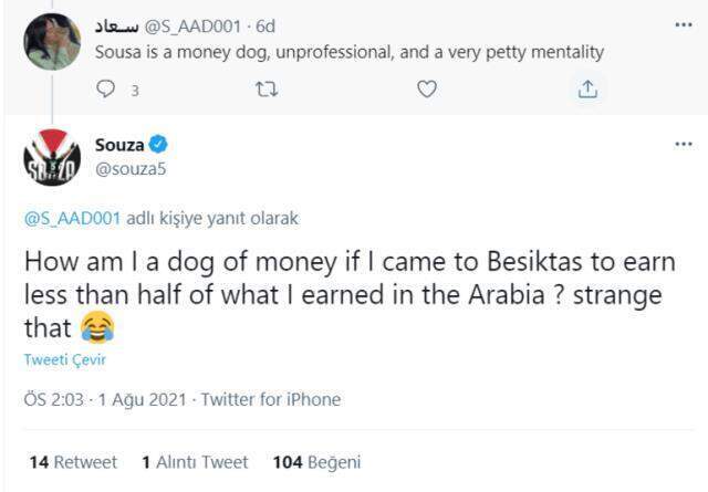 Beşiktaş'ın ön liberosu Josef de Souza'dan, 'Paranın köpeğisin' diyen takipçisine ilginç cevap Beşiktaş'ın ön liberosu Josef de Souza'dan, 'Paranın köpeğisin' diyen takipçisine ilginç cevap