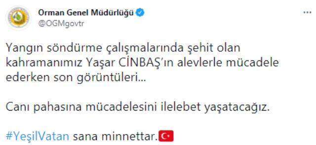 Orman yangını şehidi Yaşar Cinbaş'ın son görüntüleri paylaşıldı Orman yangını şehidi Yaşar Cinbaş'ın son görüntüleri paylaşıldı