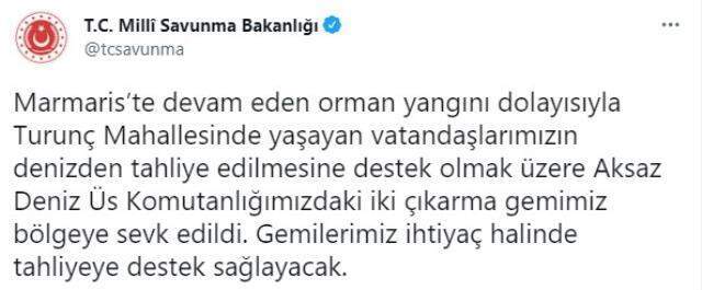 Son Dakika: Milli Savunma Bakanlığı, tahliye çalışmalarına destek vermek amacıyla iki çıkarma gemisini Marmaris'e sevk etti Son Dakika: Milli Savunma Bakanlığı, tahliye çalışmalarına destek vermek amacıyla iki çıkarma gemisini Marmaris'e sevk etti