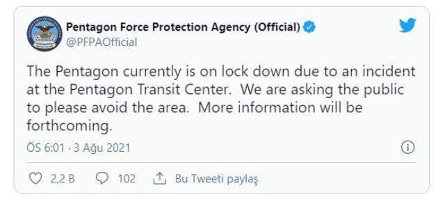 Pentagon, silah sesleri nedeniyle tecrit altına alındı Pentagon, silah sesleri nedeniyle tecrit altına alındı