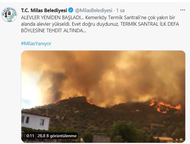 Milas'taki yangın yeniden başladı, termik santral tehdit altında