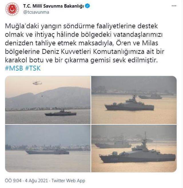 Milli Savunma Bakanlığı, yangının devam ettiği Muğla'nın Ören ve Milas ilçelerine çıkarma gemisi sevk etti