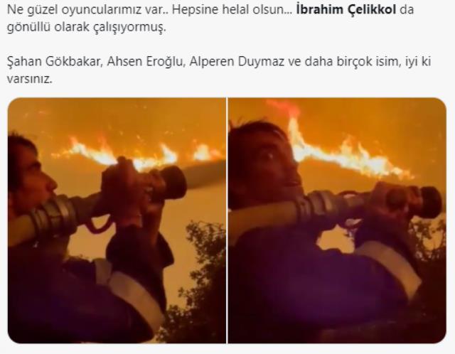 Oyuncu İbrahim Çelikkol termik santrale yaklaşan alevlerin içine hortumla daldı