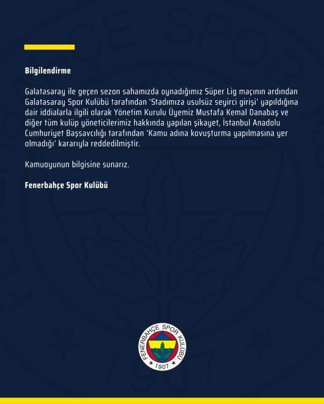 Fenerbahçe hakkında şikayette bulunan Galatasaray'ın başvurusu reddedildi