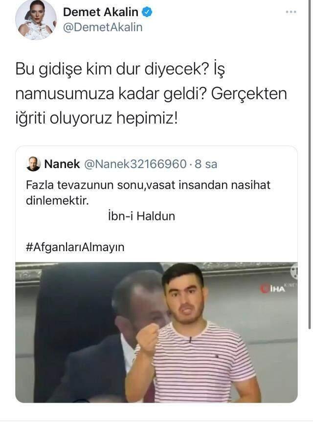 Türk kadınlarına hakaret eden Afgan'a tepki gösteren Demet Akalın, Cumhurbaşkanı Erdoğan'ın adı geçince paylaşımını sildi