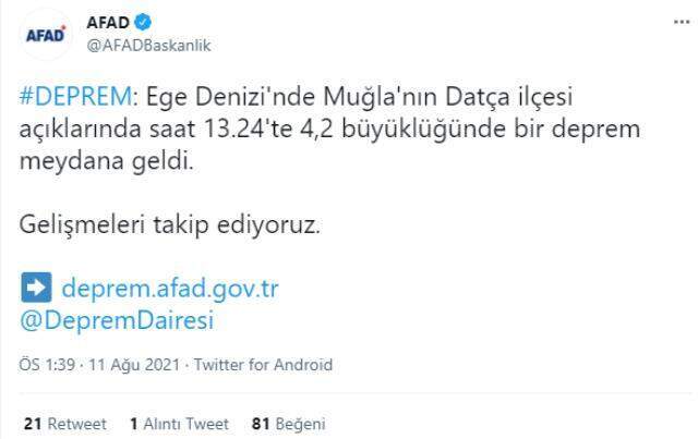 Muğla'nın Datça ilçesi açıklarında 4,2 büyüklüğünde deprem Muğla'nın Datça ilçesi açıklarında 4,2 büyüklüğünde deprem