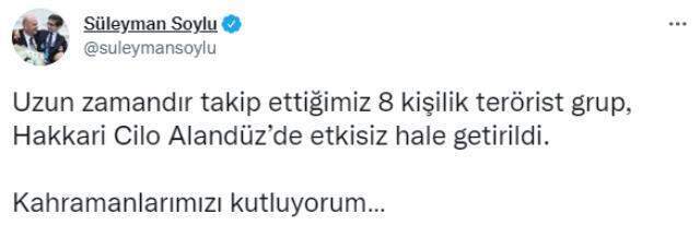 Son Dakika! İçişleri Bakanı Süleyman Soylu: Uzun zamandır takip ettiğimiz 8 terörist etkisiz hale getirildi Son Dakika! İçişleri Bakanı Süleyman Soylu: Uzun zamandır takip ettiğimiz 8 terörist etkisiz hale getirildi