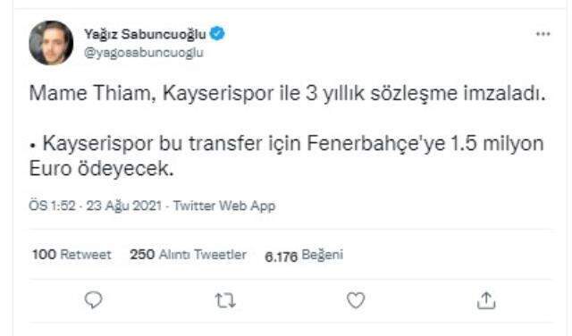 Fenerbahçe, Mame Thiam'ı 1,5 milyon euroya Kayserispor'a sattı Fenerbahçe, Mame Thiam'ı 1,5 milyon euroya Kayserispor'a sattı