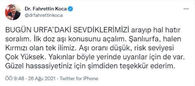 Bakan Koca'dan kırmızı kategorideki tek ilimiz olan Şanlıurfa için yeni uyarı: Risk seviyesi çok yüksek Bakan Koca'dan kırmızı kategorideki tek ilimiz olan Şanlıurfa için yeni uyarı: Risk seviyesi çok yüksek