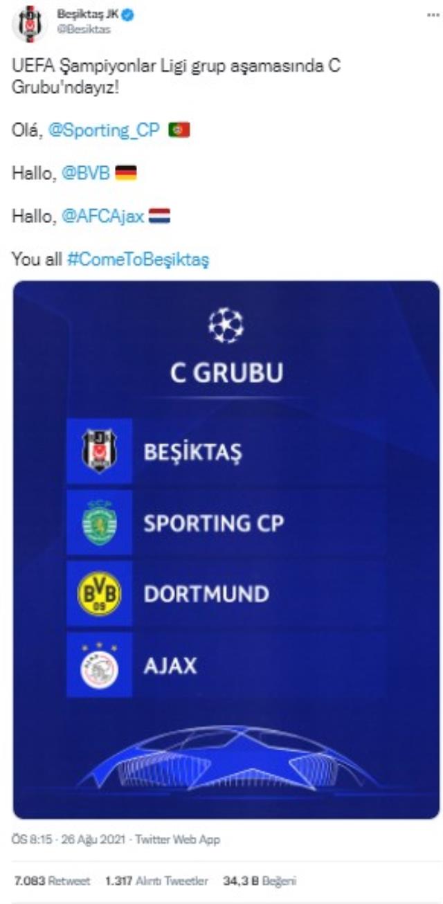 Beşiktaş, Şampiyonlar Ligi'ndeki rakiplerine selam gönderdi