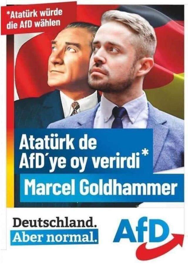 Almanya'daki aşırı sağcı partiden büyük skandal! Afişe Atatürk'ün resmini koyup 'O da bize oy verirdi' yazdılar Almanya'daki aşırı sağcı partiden büyük skandal! Afişe Atatürk'ün resmini koyup 'O da bize oy verirdi' yazdılar