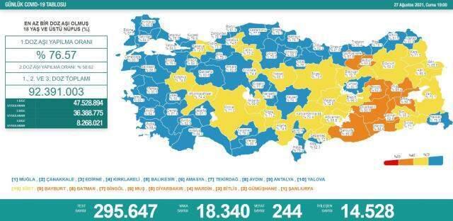 Son Dakika: Türkiye'de 27 Ağustos günü koronavirüs nedeniyle 244 vefat etti, 18 bin 340 yeni vaka tespit edildi