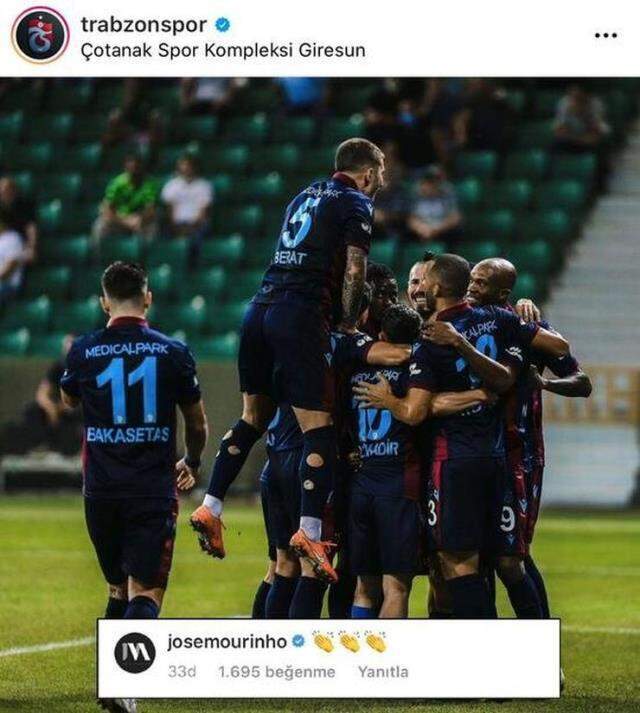 Jose Mourinho, Trabzonspor'un galibiyetine alkışla destek verdi Jose Mourinho, Trabzonspor'un galibiyetine alkışla destek verdi