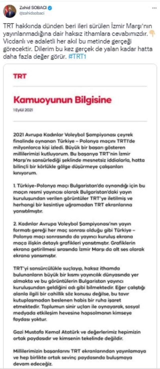 Kadın Voleybol Takımı'nın maçında İzmir Marşı'nın sansürlendiği iddiasına TRT'den cevap geldi Kadın Voleybol Takımı'nın maçında İzmir Marşı'nın sansürlendiği iddiasına TRT'den cevap geldi